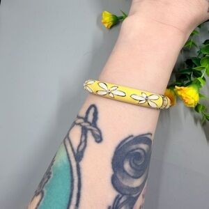 Yellow Floral Enamel Bangle Bracelet with Crystal Accents